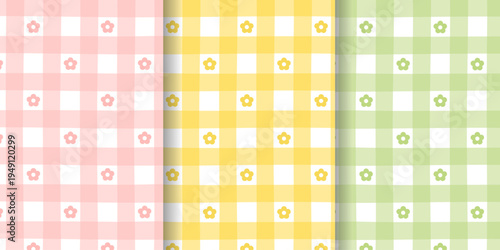 Gingham seamless pattern set with daisy flowers. Spring yellow, pink and green vichy check backgrounds. Repeating vector prints for tablecloths, picnic blankets, napkins and textile design.