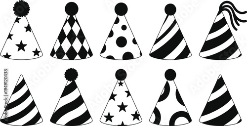 Black and white party hat vector illustration set featuring various festive patterns including stars, polka dots, stripes, and diamond shapes for birthday celebration designs
