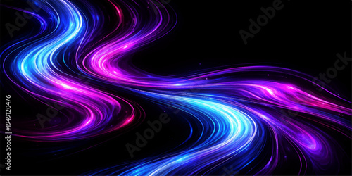 Abstract blue and purple energy waves create a glowing fractal spiral with a colorful smoke texture, forming a digital motion art backdrop of swirling light patterns on a black space wallpaper