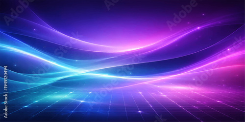 An abstract blue background with glowing stars and flowing purple waves creates a futuristic vector design featuring bright motion lines, fractal textures, and curved energy patterns