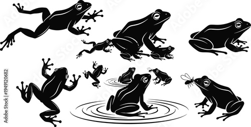 Frog silhouette vector set, jumping and sitting frogs with insect hunting scenes amphibian wildlife black illustration collection design