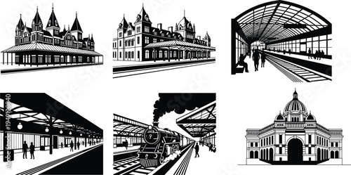 Historic railway station architecture vector set, classic train terminal buildings platforms steam locomotive transportation illustration collection