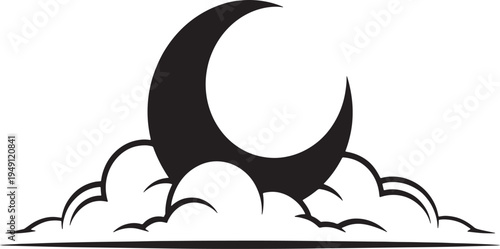 Black crescent moon partially obscured by stylized white clouds against a white background