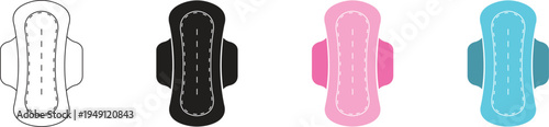 Feminine hygiene pad icon set with colorful and black silhouette symbols. Menstrual protection products for women healthcare. Sanitary towel design elements for period care and wellness.