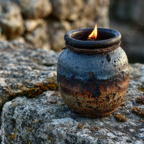 Ancient Clay Pot with Burning Flame on Stone Surface.