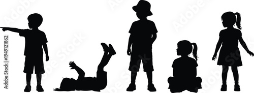 Kids silhouette set in playful poses, boys and girls standing, sitting, lying down, children vector illustrations, fun childhood activity icons