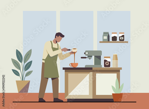 Professional barista making a fresh cup of coffee at a cafe counter with an espresso machine.