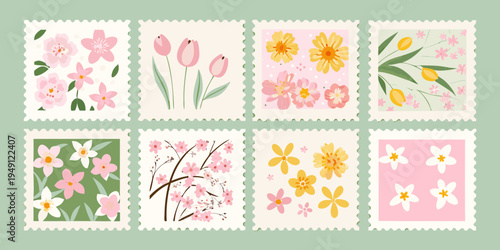 Collection of vintage floral postage stamps with delicate botanical illustrations