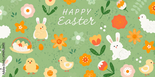 A cheerful easter pattern with bunnies chicks flowers and eggs