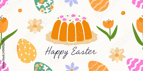 A colorful easter illustration with flowers cake and decorated eggs