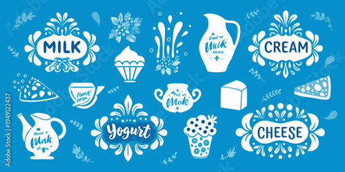 Stylized illustration of dairy products including milk yogurt cheese and cream