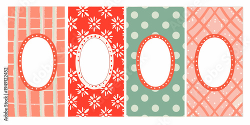 Four patterned paper backgrounds with oval frames for labels