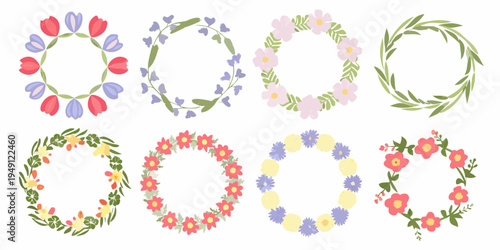Collection of colorful floral wreaths and flower arrangements illustration
