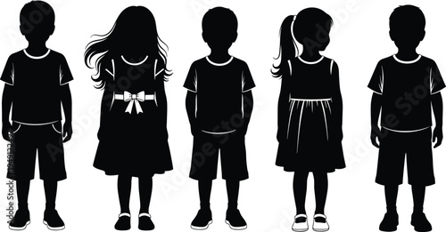 Kids silhouette set, boys and girls standing collection, children vector silhouettes isolated, childhood people figures black illustration bundle