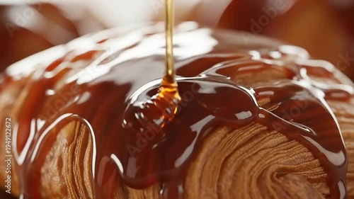Macro Slow Motion Shot of Golden Honey Pouring Over a Flaky Croissant.