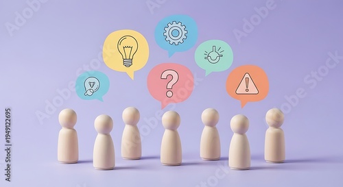 A group of wooden figures standing in a line with thought bubbles above their heads containing various symbols on a purple background with a mix of ideas and emotions.
