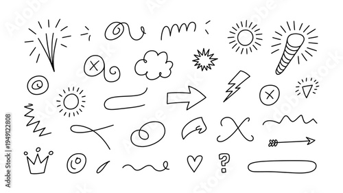 A collection of hand-drawn vector doodles featuring various shapes and symbols in a minimalist style