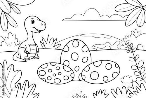 A vector illustration of a dinosaur sitting near large spotted eggs in a lush green landscape