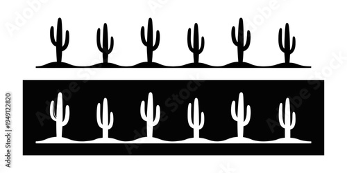 A vector image showcasing two rows of cacti silhouettes in black and white