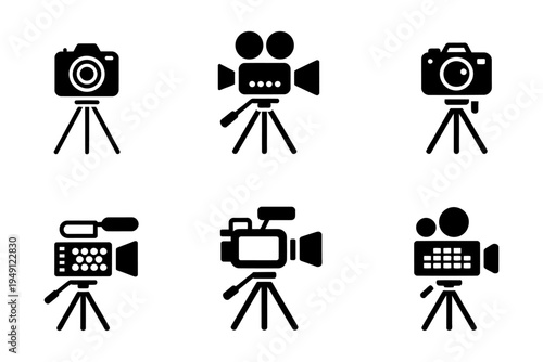 A vector illustration featuring various camera and video camera icons on tripods