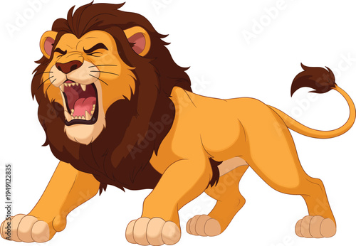 A vibrant cartoon illustration of a powerful lion roaring, showcasing its majestic mane. This graphic captures the king of the jungle's strength, dominance, and formidable wild nature