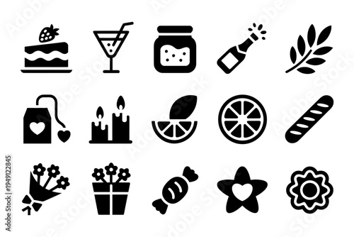 A collection of vector icons representing food, drinks, desserts, and celebratory items in black and white