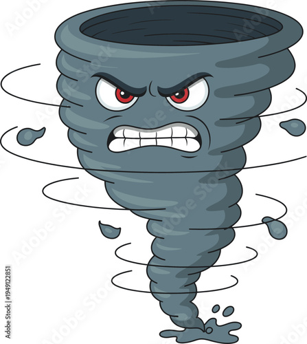 Furious cartoon tornado illustration with an aggressive facial expression, representing powerful destructive weather and an intense natural force