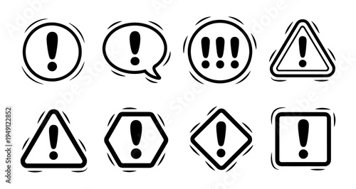 A collection of vector warning signs with exclamation marks in various shapes