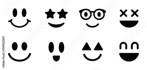 A vector illustration of eight varied smiley faces displaying different expressions and features