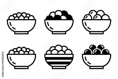 A set of vector icons featuring bowls filled with assorted spherical items in different styles
