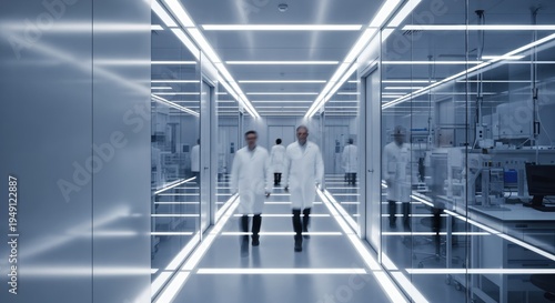 Male and female scientists walking in a futuristic nanotechnology research center cleanroom facility