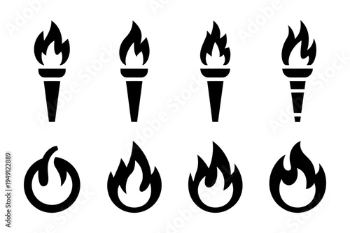 Vector illustration of four black torches and four flames in a minimalist style
