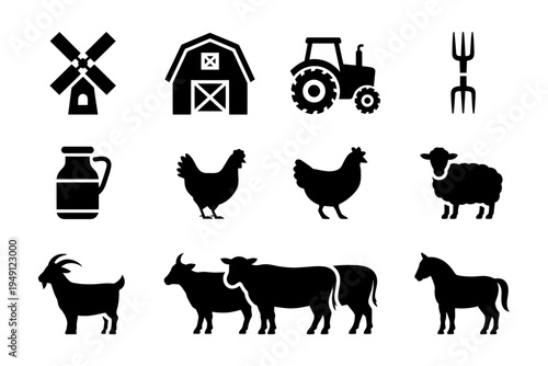 This vector image includes farm elements such as a windmill, barn, tractor, animals, and farming tools.