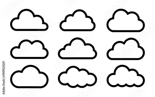 Black and white vector illustration of nine simplistic cloud icons in a grid layout