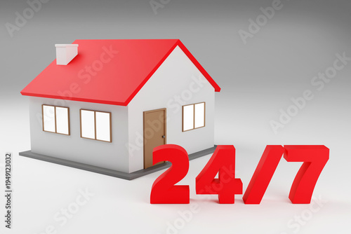 Luxury red inscription 24 7 on grey podium, soft light, smooth background, 3d rendering