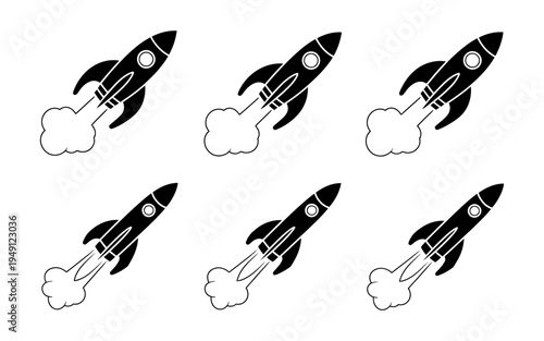 Vector illustration of six black-and-white rockets launching with smoke clouds trailing behind them