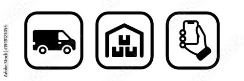 A simple vector graphic showing icons of a van, warehouse, and clipboard with a key