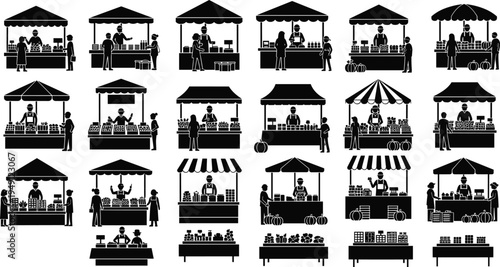 Market stall vendor silhouettes set, street food farmers market shop sellers customers retail black vector illustration collection