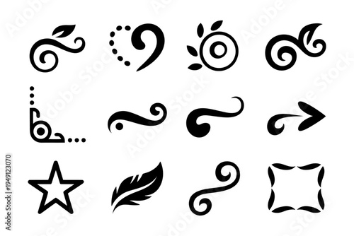 A collection of black vector decorative elements and designs arranged neatly in a grid