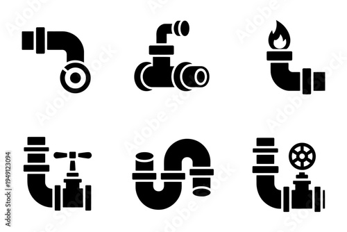 Vector illustration showing various types of plumbing pipes and fittings in black and white