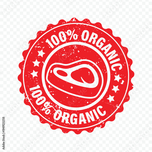 One hundred percent organic red label meat grunge stamp isolated on white background for butcher.