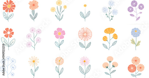 Eighteen delicate floral illustrations, stylized blossoms with leafy stems in soft pastel colors, perfect for spring and decorative graphic design