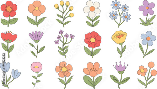 A vibrant collection of hand-drawn, cartoon-style flowers, perfect for adding a touch of nature and whimsy to any design project