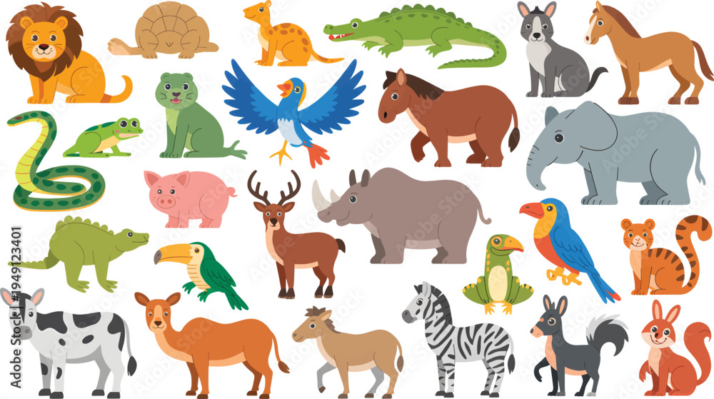 Fototapeta premium Collection of Diverse Animals in a Whimsical Illustration Style