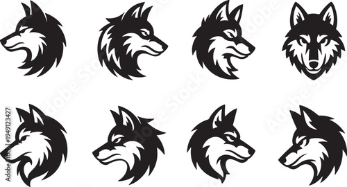 Collection of eight black and white stylized wolf head in profile and frontal views
