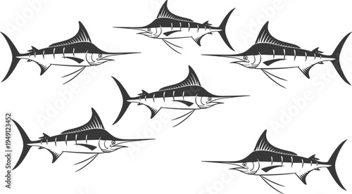 marlin fish silhouette set, swordfish ocean predator collection, marine wildlife illustration, sport fishing species vector, sea animal design