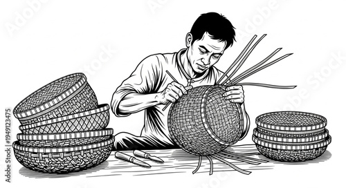 Man Weaving Baskets with Focused Precision and Traditional Craftsmanship.