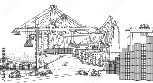 Detailed Sketch of a Busy Shipping Port with Cranes and Containers.