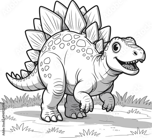 A charming black and white line art illustration of a friendly stegosaurus dinosaur with plates on its back, walking happily outdoors in a grassy field