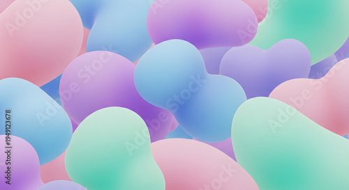 Soft pastel abstract organic shapes cluster, smooth texture, light blue and pink hues, 3D render